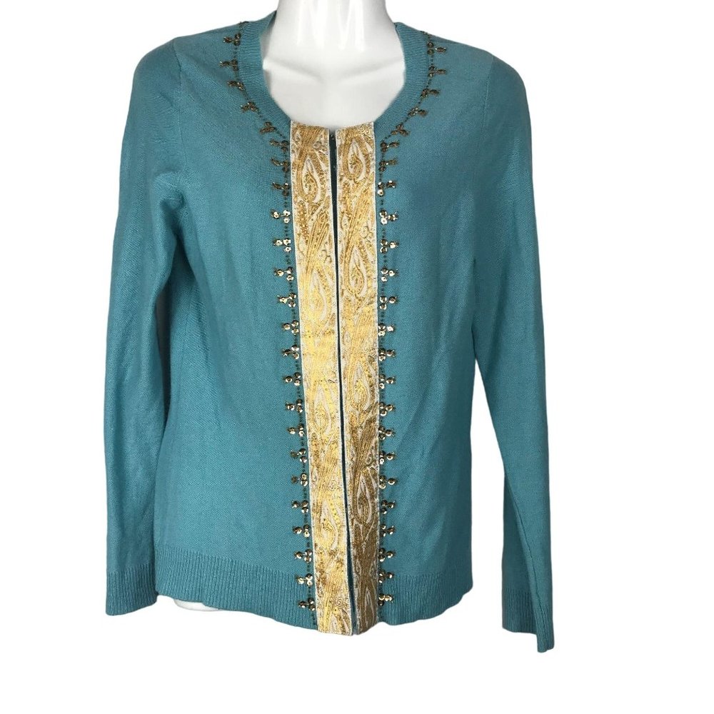 Plenty Womens Teal Embroidered Sweater Gold Accents Long Sleeves Size Large
